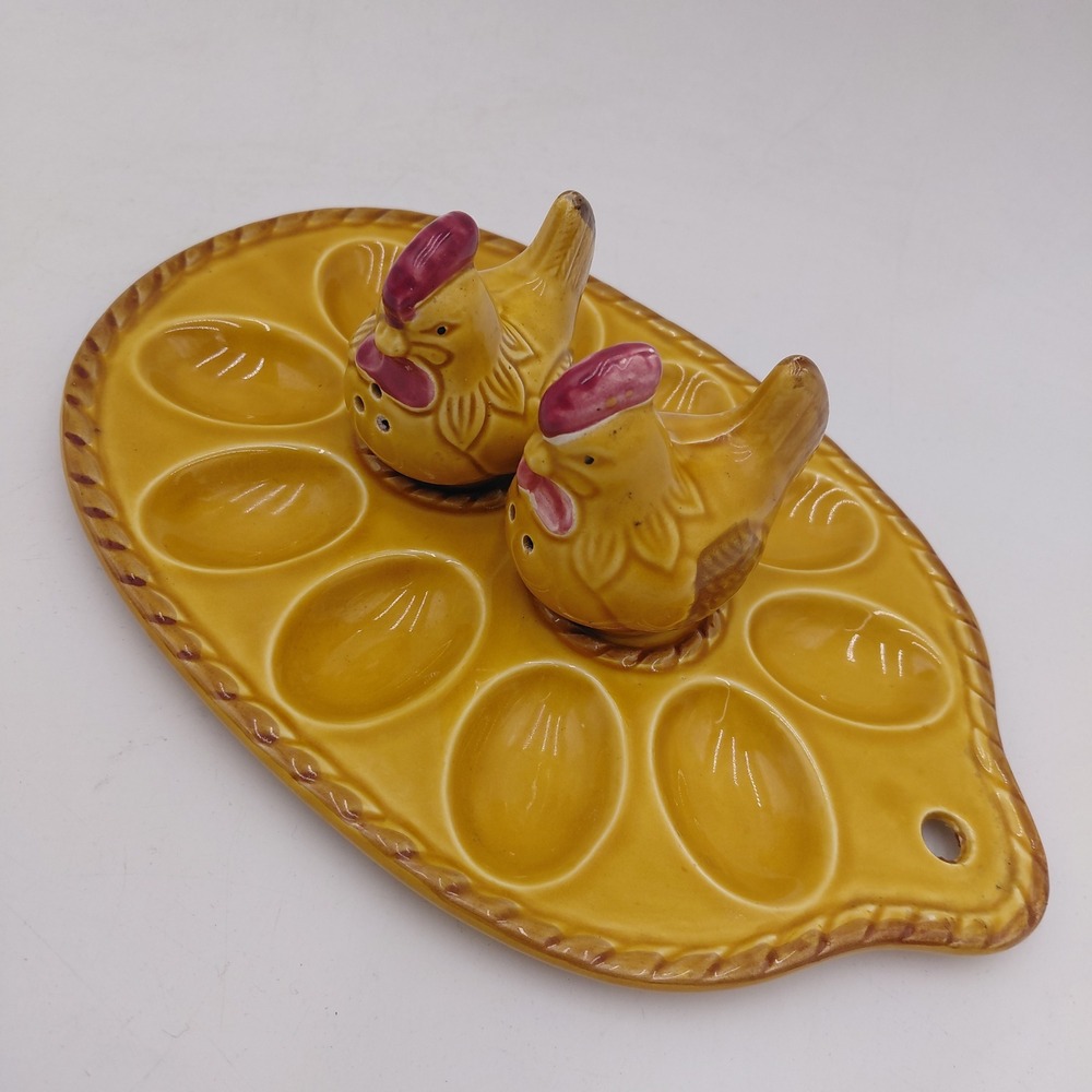 Vintage Yellow Ceramic Deviled Egg Platter with Hen Salt and Pepper Shakers Set